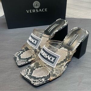 Versace Clear Vinyl Jelly Logo Vintage Style Snake Print Heels Sandals size 36
